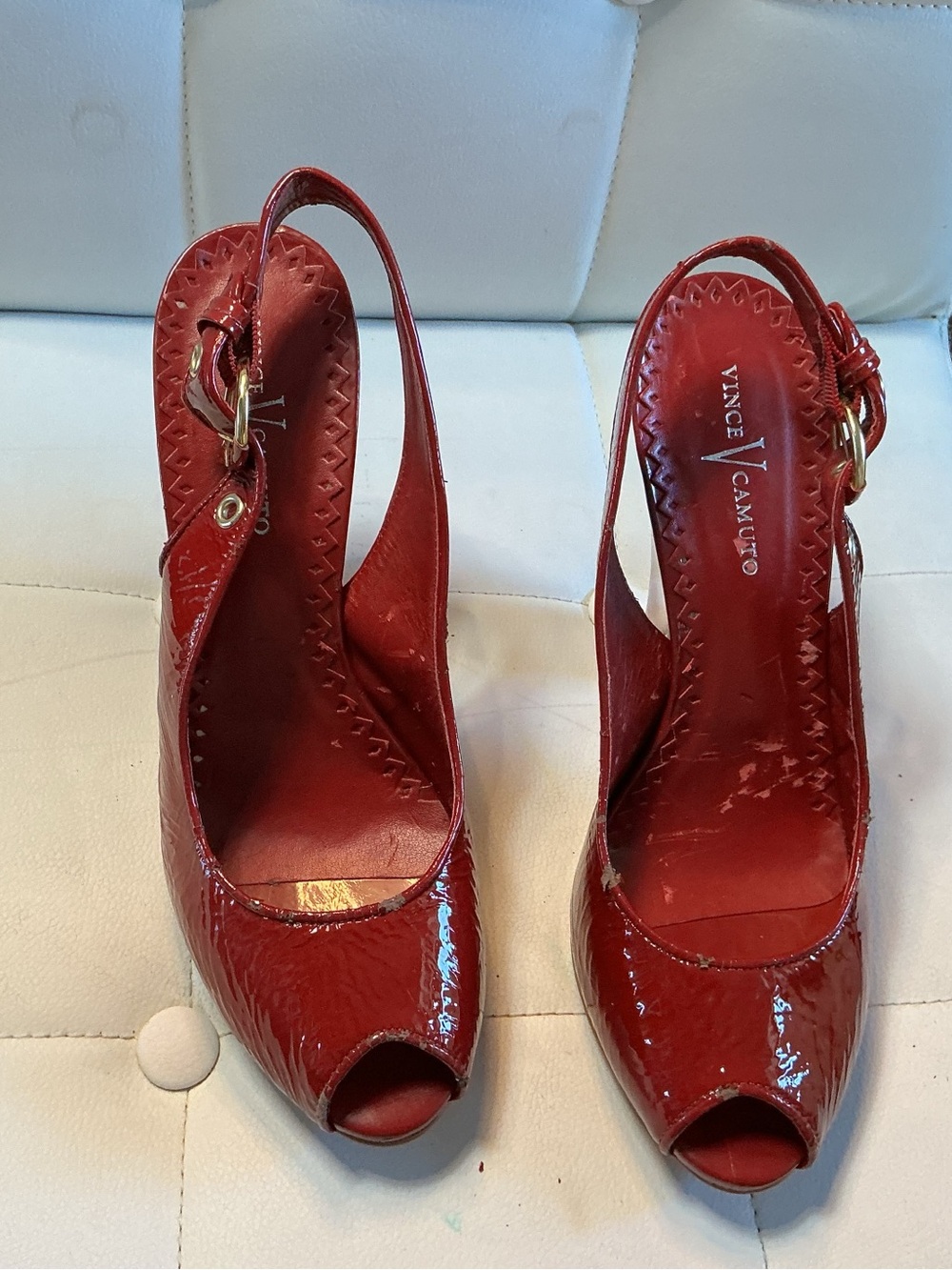 Vince Camuto VC-Ruffe Chili Red Patent Leather Slingback Peep Toe Heels Size 10M